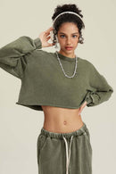 Distressed Washed Crop Long-Sleeve Tee - Olive