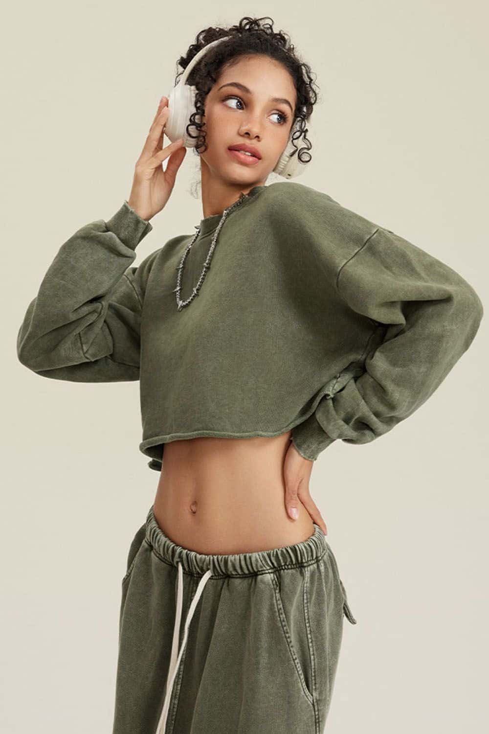 Distressed Washed Crop Long-Sleeve Tee - Olive
