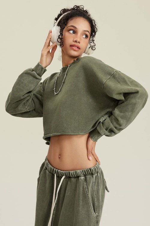 Distressed Washed Crop Long-Sleeve Tee - Olive