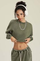 Distressed Washed Crop Long-Sleeve Tee - Olive