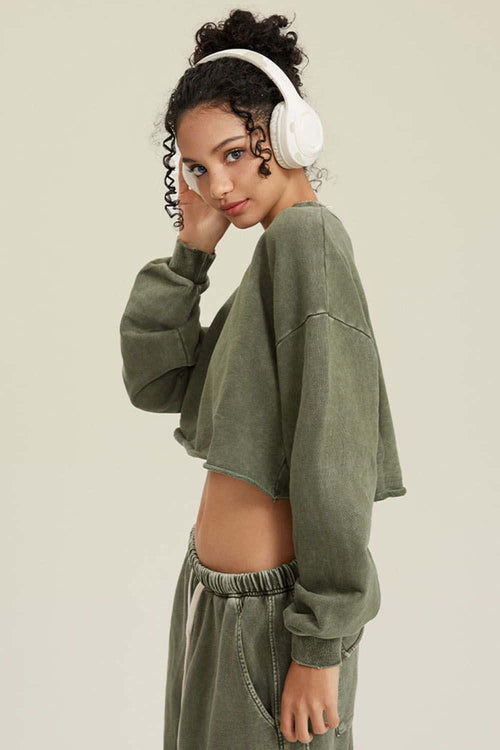 Distressed Washed Crop Long-Sleeve Tee - Olive