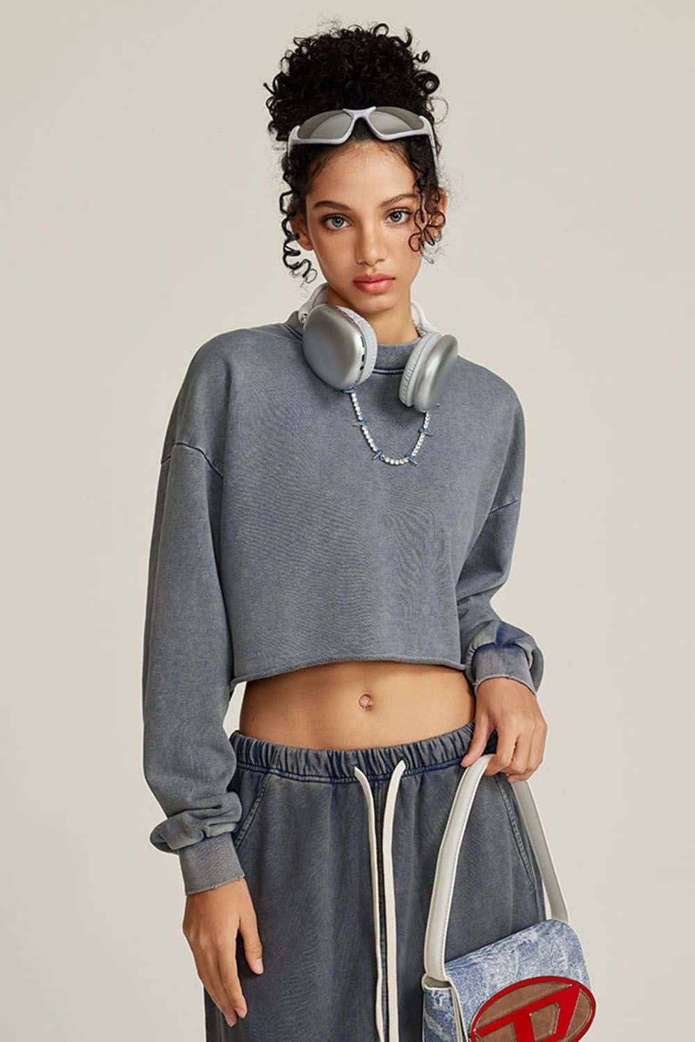 Distressed Washed Crop Long-Sleeve Tee - Royal Blue