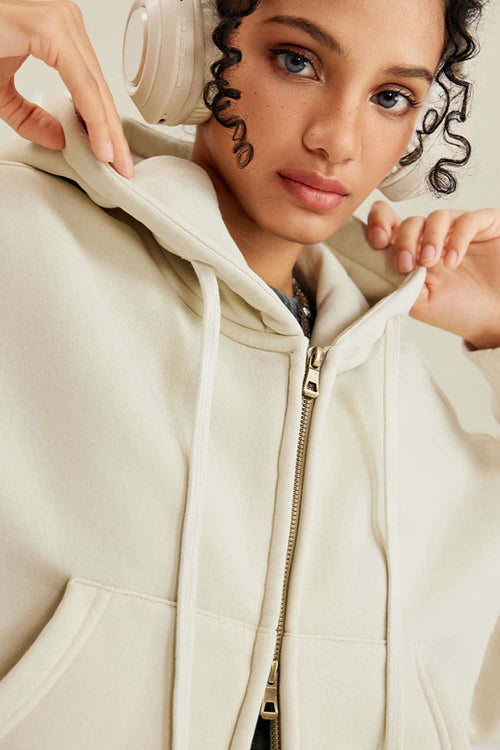 Cropped Fleece Zip Hoodie - Gray Apricot