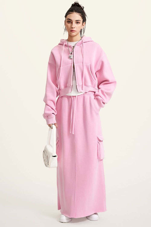 Cropped Fleece Zip Hoodie - Rose Pink