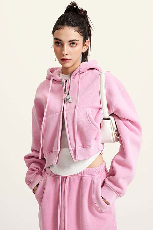 Cropped Fleece Zip Hoodie - Rose Pink