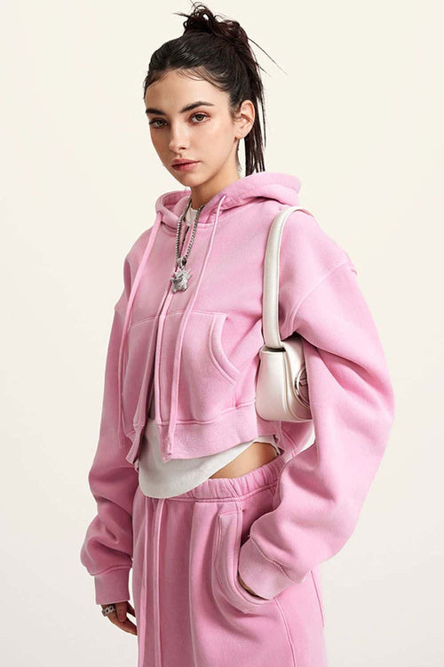 Cropped Fleece Zip Hoodie - Rose Pink