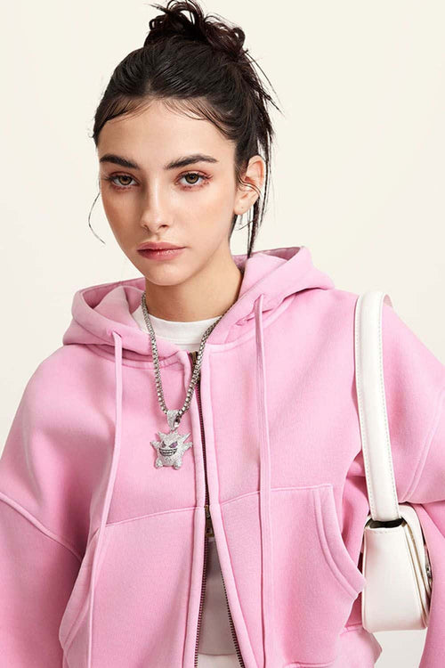 Cropped Fleece Zip Hoodie - Rose Pink