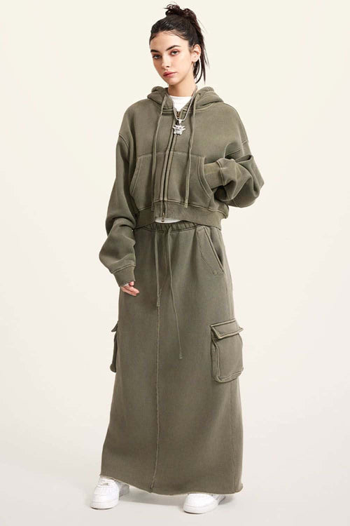 Cropped Fleece Zip Hoodie - Grayish Green