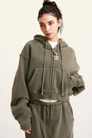 Cropped Fleece Zip Hoodie - Grayish Green