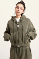 Cropped Fleece Zip Hoodie - Grayish Green