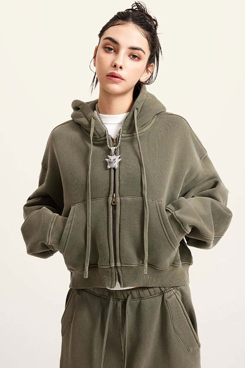 Cropped Fleece Zip Hoodie - Grayish Green