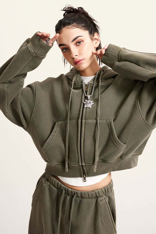 Cropped Fleece Zip Hoodie - Grayish Green