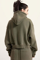 Cropped Fleece Zip Hoodie - Grayish Green