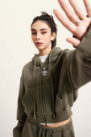 Cropped Fleece Zip Hoodie - Grayish Green