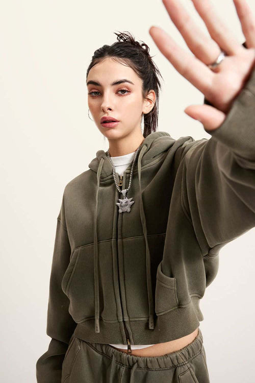 Cropped Fleece Zip Hoodie - Grayish Green