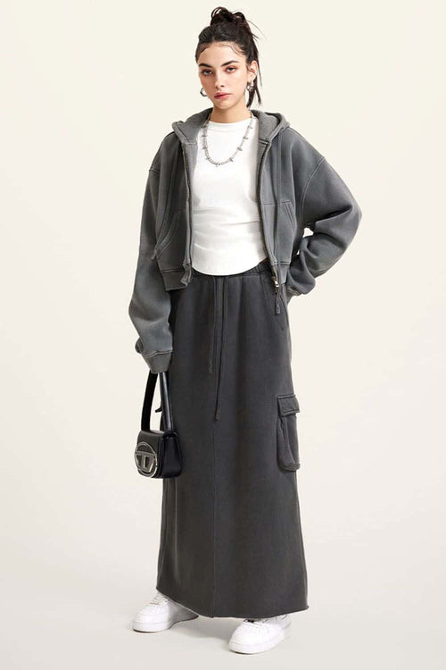 Cropped Fleece Zip Hoodie - Dark Gray