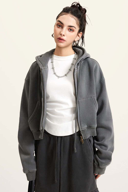 Cropped Fleece Zip Hoodie - Dark Gray