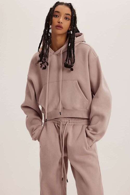 Vintage Washed Cropped Fleece Hoodie - Pink