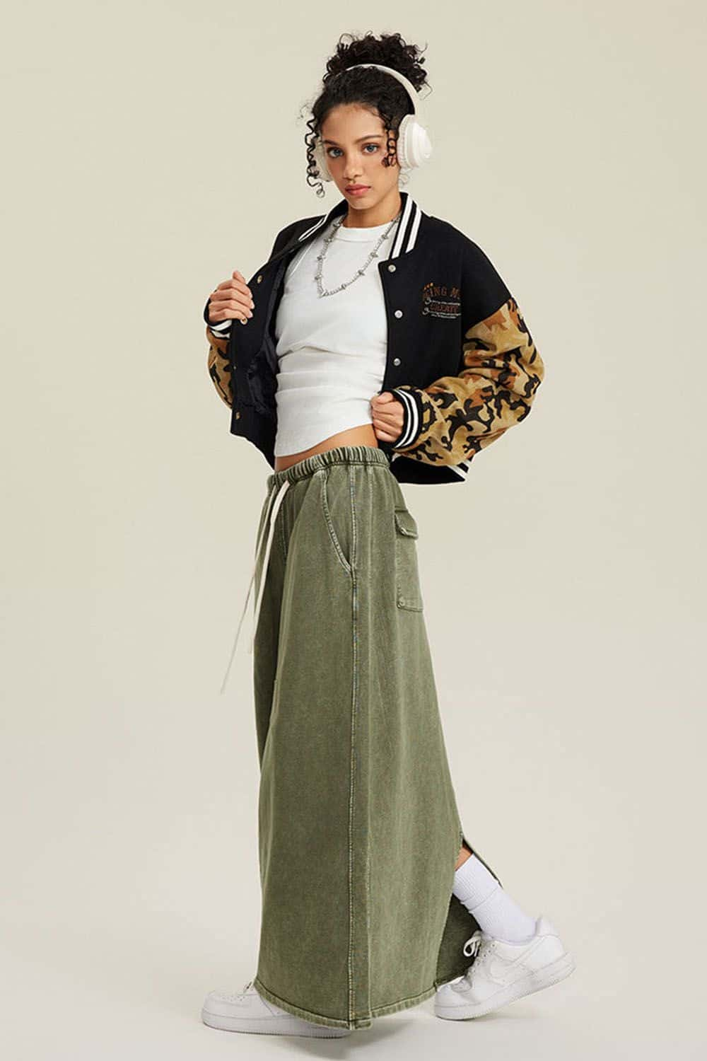 Loose Fit Varsity Jacket - Women's Camo Sleeve Baseball Cardigan