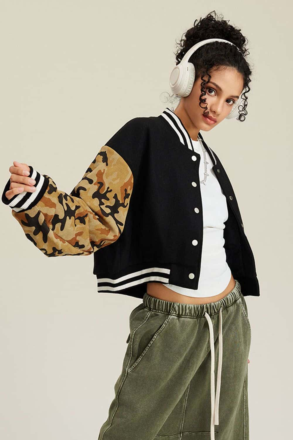 Loose Fit Varsity Jacket - Women's Camo Sleeve Baseball Cardigan