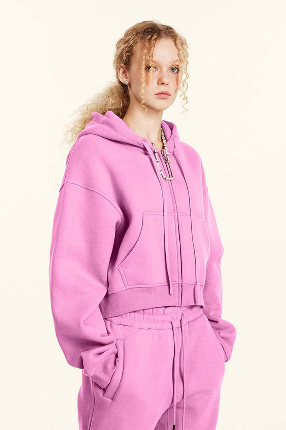 Vintage Solid Color Hoodie with Zip - Loose Fit Cropped Hooded Jacket