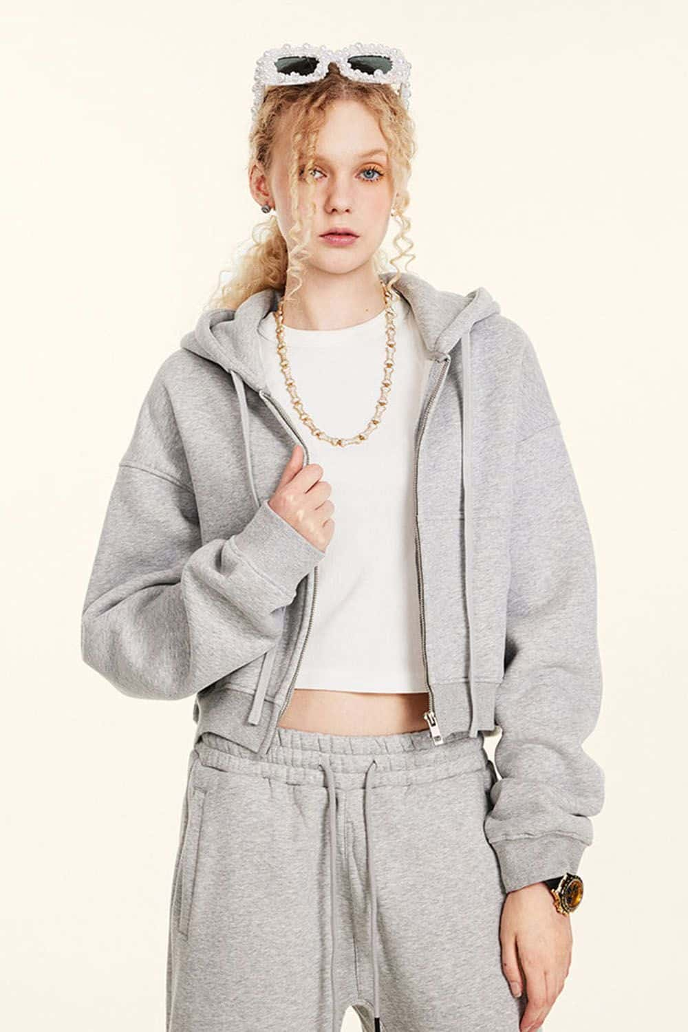 Vintage Solid Color Hoodie with Zip - Loose Fit Cropped Hooded Jacket