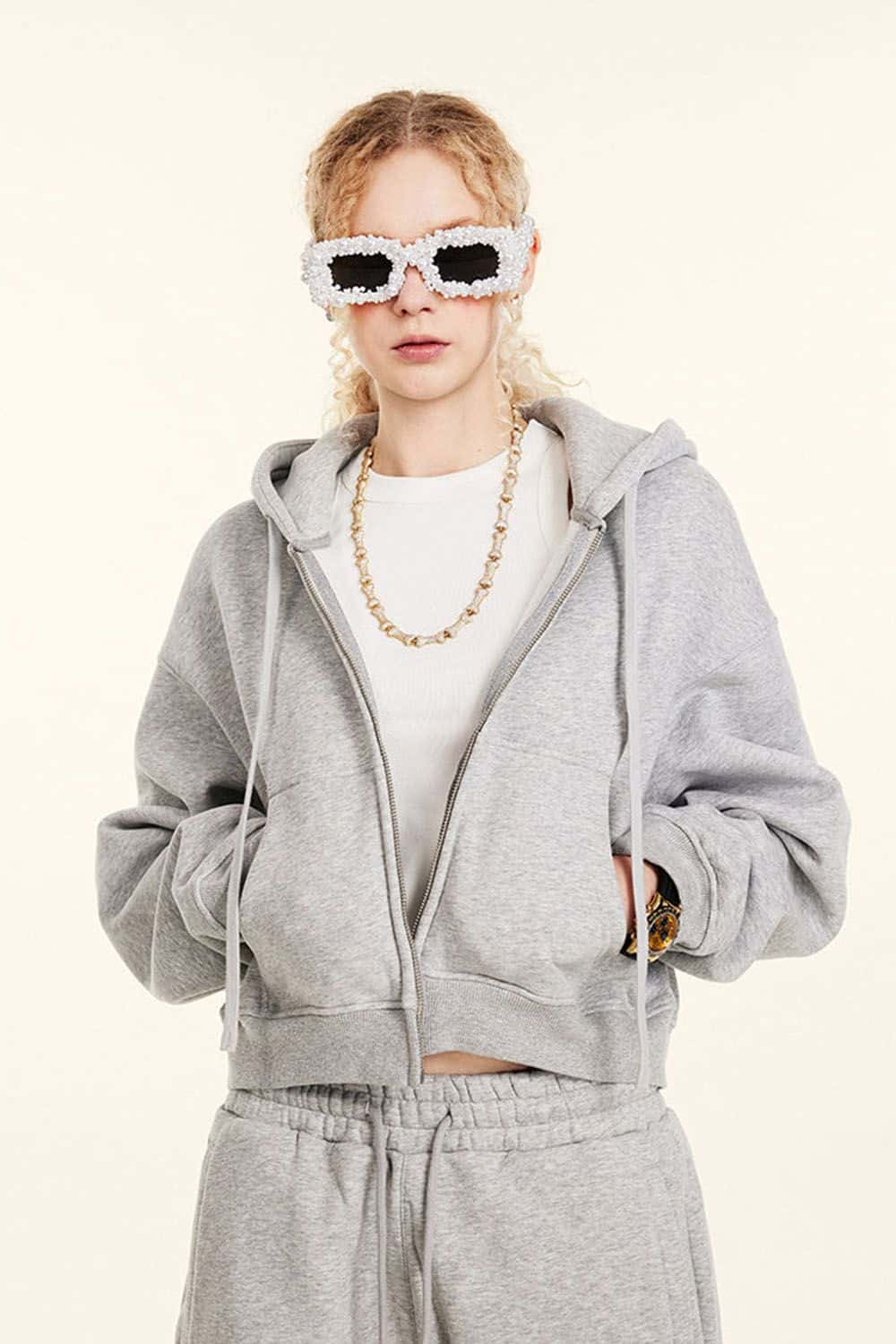 Vintage Solid Color Hoodie with Zip - Loose Fit Cropped Hooded Jacket