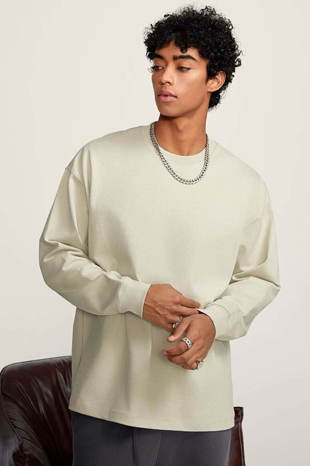 Heavyweight Long-Sleeve Solid Color Pure Cotton Oversized T-Shirt