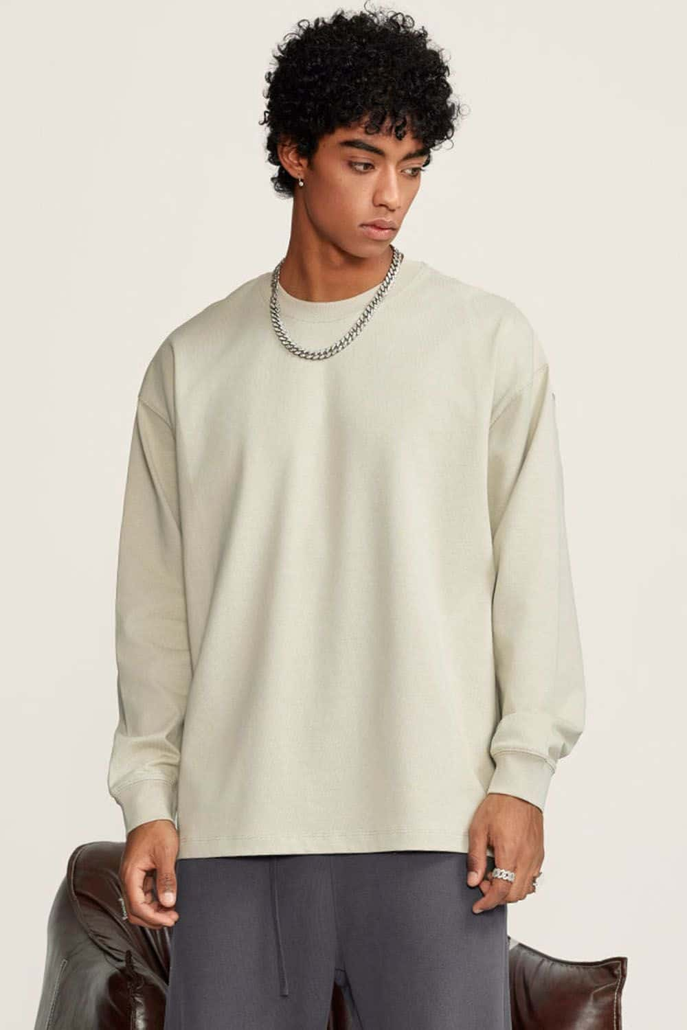 Heavyweight Long-Sleeve Solid Color Pure Cotton Oversized T-Shirt