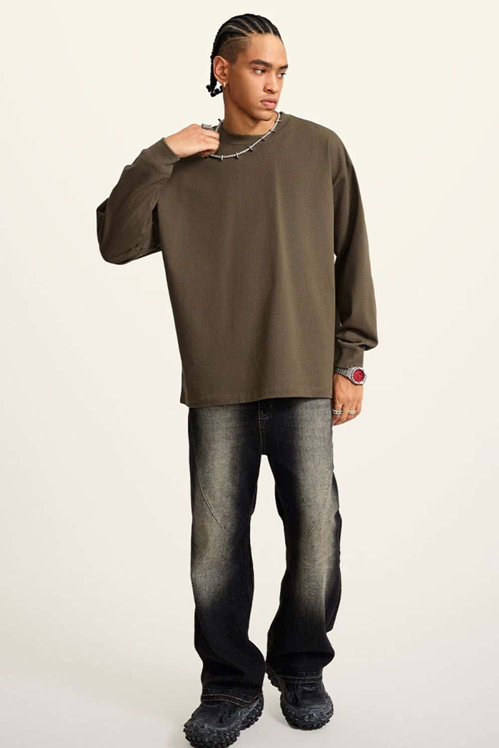 Heavyweight Long-Sleeve Solid Color Pure Cotton Oversized T-Shirt