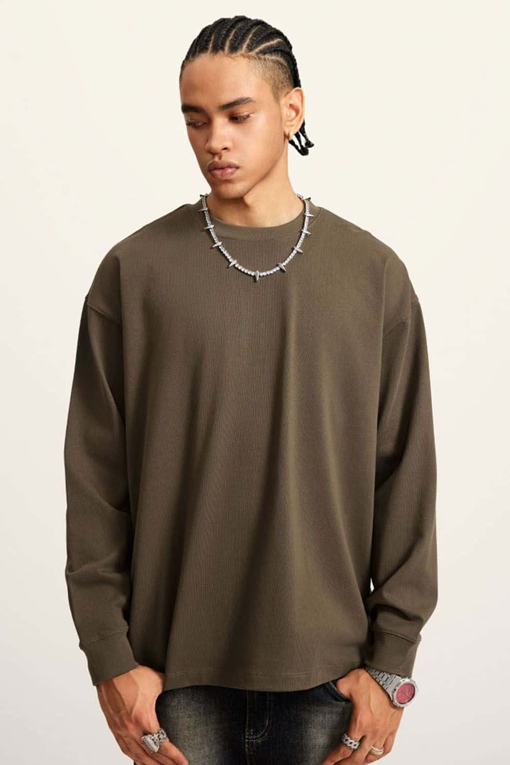 Heavyweight Long-Sleeve Solid Color Pure Cotton Oversized T-Shirt