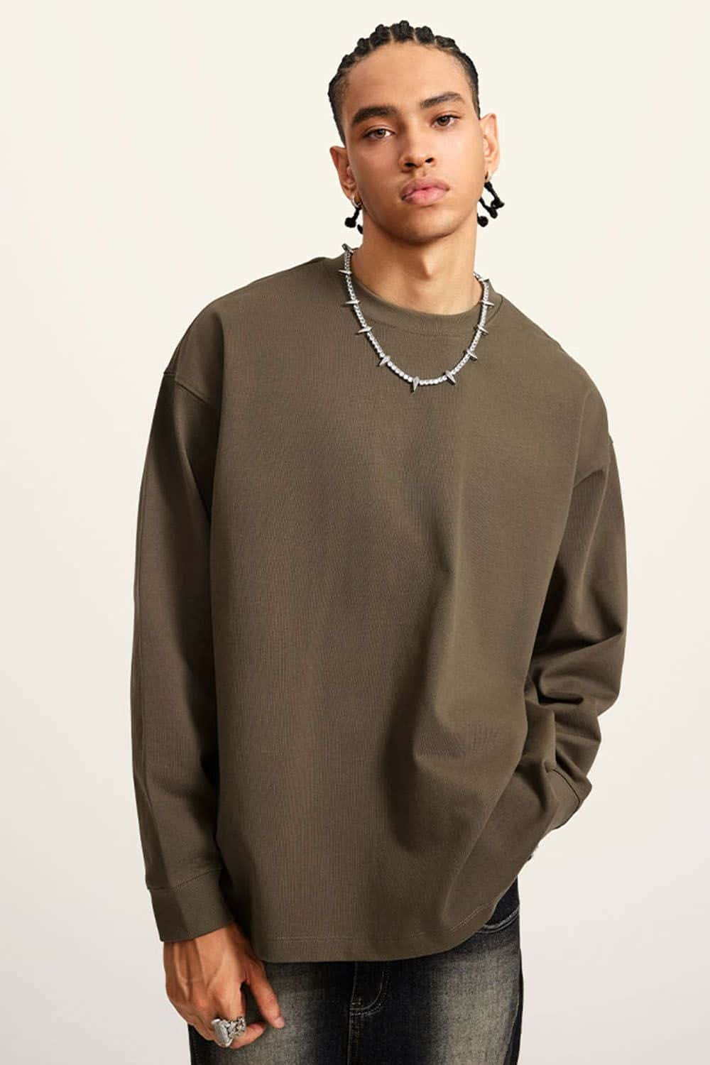 Heavyweight Long-Sleeve Solid Color Pure Cotton Oversized T-Shirt