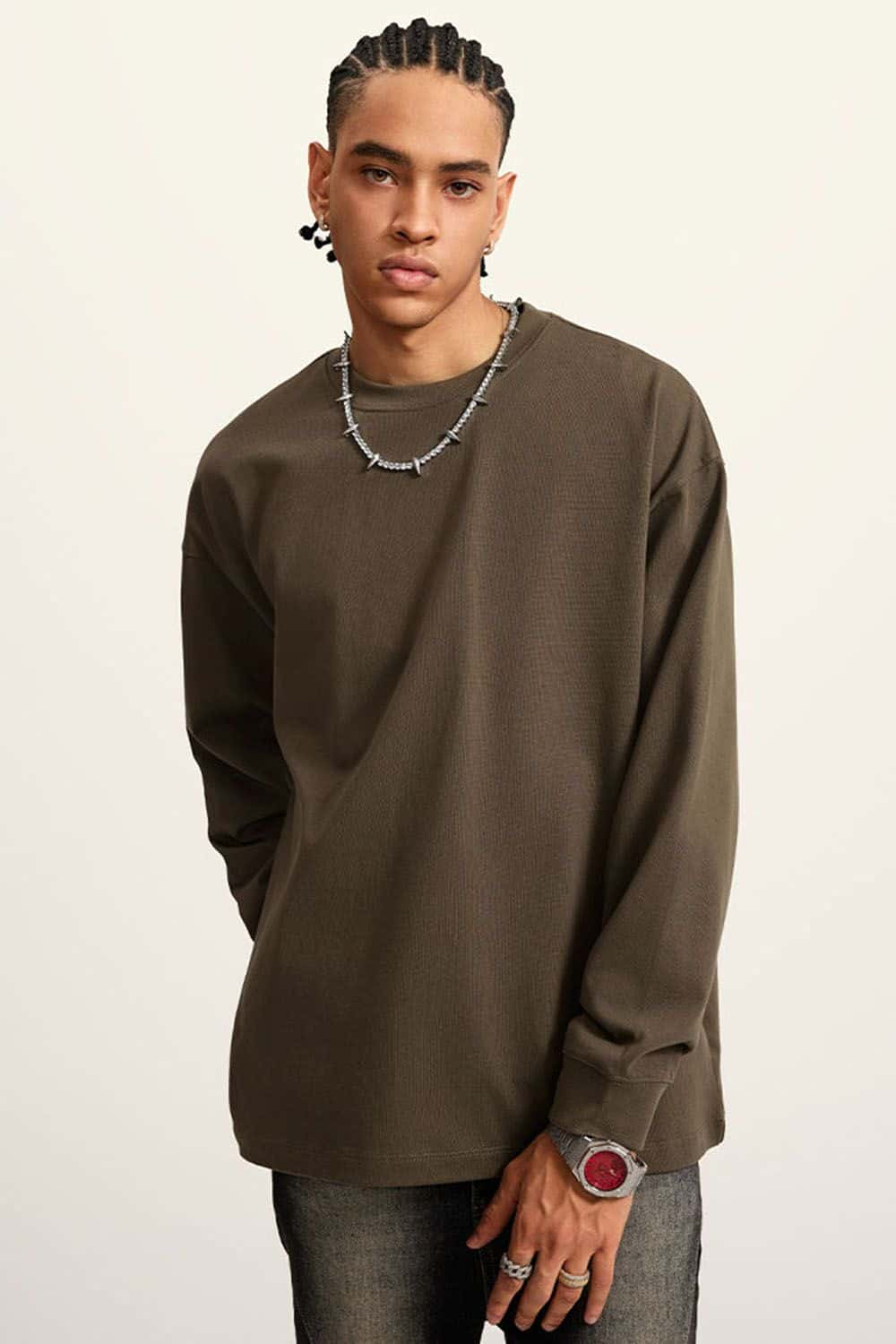 Heavyweight Long-Sleeve Solid Color Pure Cotton Oversized T-Shirt