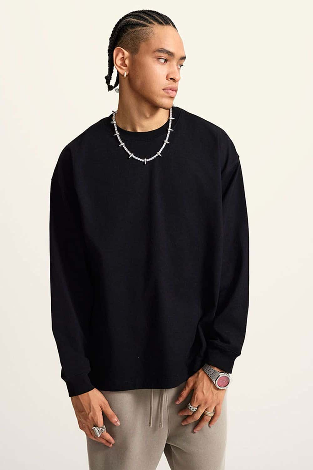 Heavyweight Long-Sleeve Solid Color Pure Cotton Oversized T-Shirt