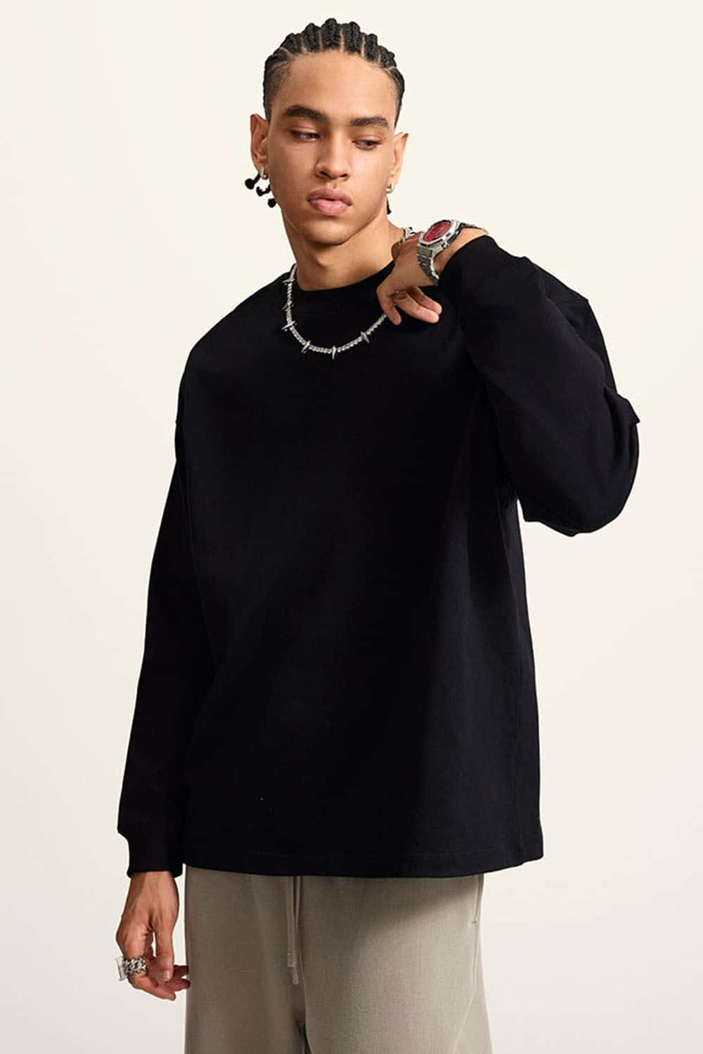 Heavyweight Long-Sleeve Solid Color Pure Cotton Oversized T-Shirt