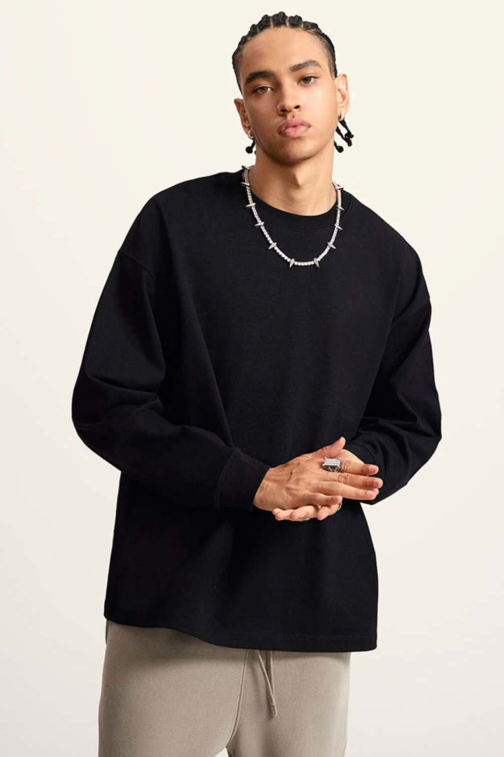 Heavyweight Long-Sleeve Solid Color Pure Cotton Oversized T-Shirt