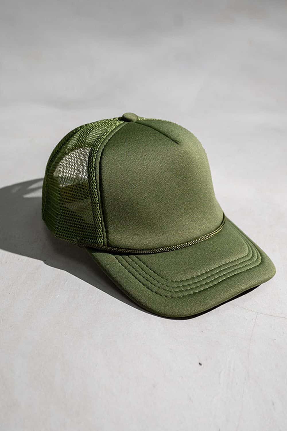 Rope-Trim Panelled Mesh Trucker Cap with Top Button in Blackish Green - product detail view
