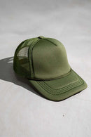Rope-Trim Panelled Mesh Trucker Cap with Top Button in Blackish Green - product detail view