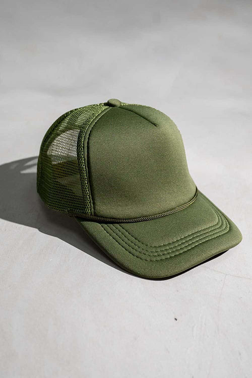 Rope-Trim Panelled Mesh Trucker Cap with Top Button in Blackish Green - product detail view