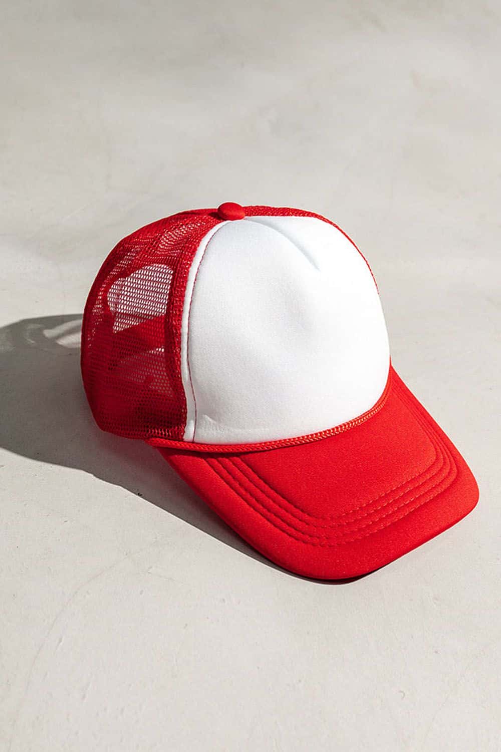 Rope-Trim Panelled Mesh Trucker Cap with Top Button in Red And White - product detail view