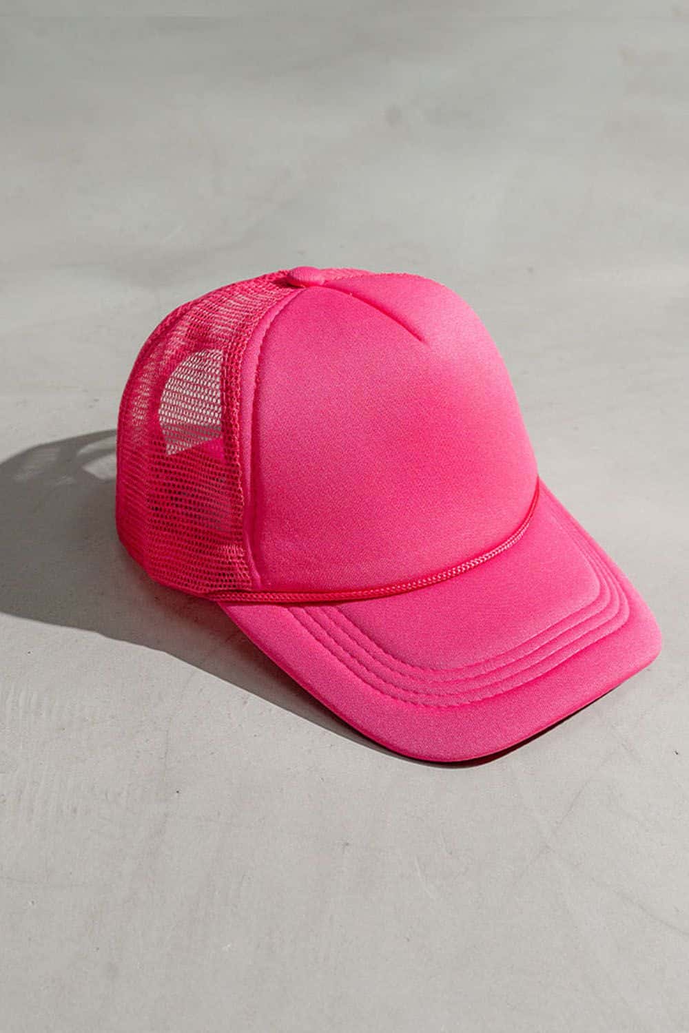 Rope-Trim Panelled Mesh Trucker Cap with Top Button in Rose Pink - product detail view