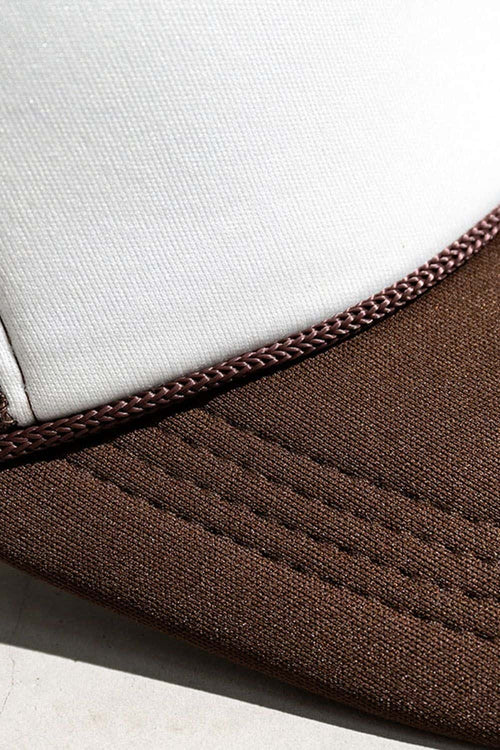 Rope-Trim Panelled Mesh Trucker Cap with Top Button in White And Coffee - product detail close-up