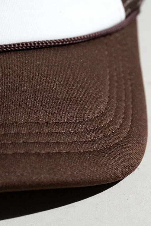 Rope-Trim Panelled Mesh Trucker Cap with Top Button in White And Coffee - product detail close-up