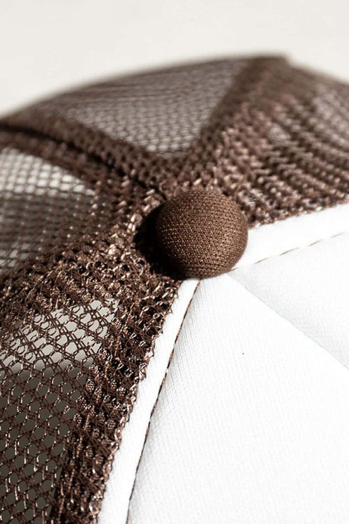 Rope-Trim Panelled Mesh Trucker Cap with Top Button in White And Coffee - product detail close-up