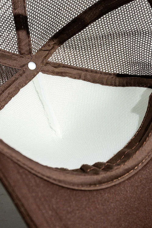 Rope-Trim Panelled Mesh Trucker Cap with Top Button in White And Coffee - product detail close-up