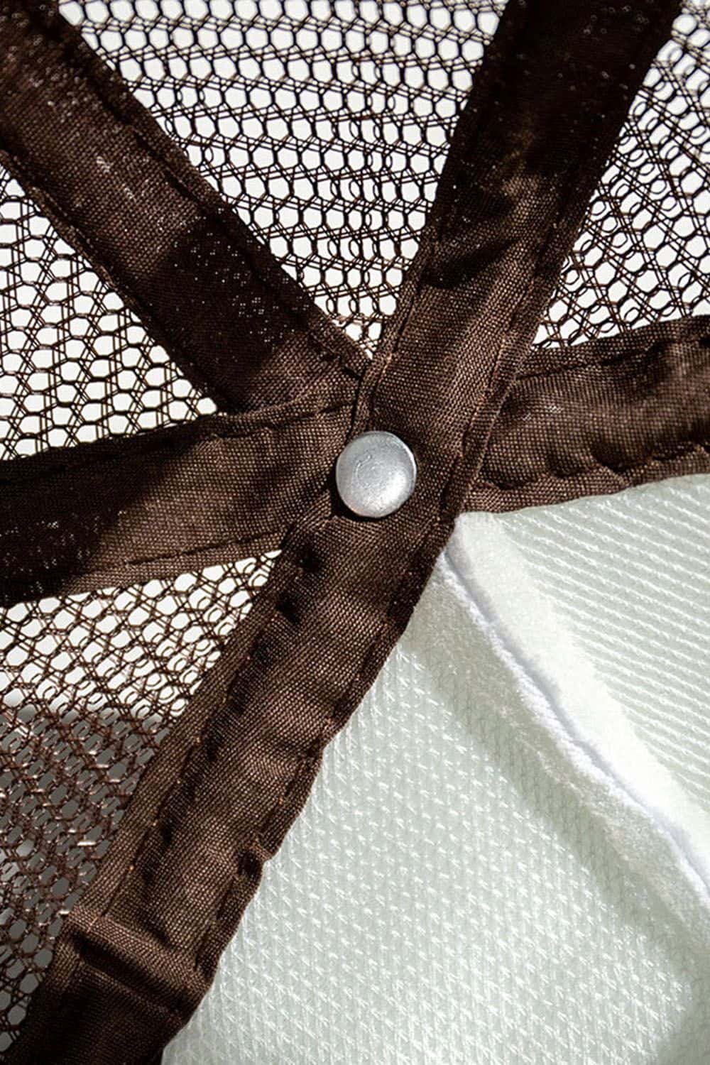 Rope-Trim Panelled Mesh Trucker Cap with Top Button in White And Coffee - product detail close-up