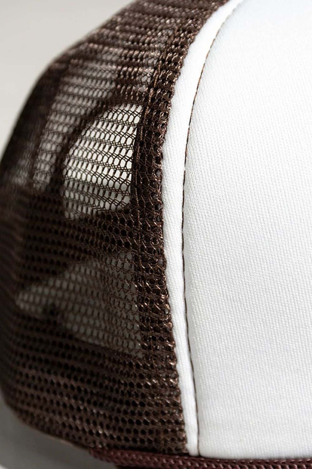 Rope-Trim Panelled Mesh Trucker Cap with Top Button in White And Coffee - product detail close-up