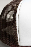 Rope-Trim Panelled Mesh Trucker Cap with Top Button in White And Coffee - product detail close-up