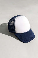 Rope-Trim Panelled Mesh Trucker Cap with Top Button in White And Dark Blue - product detail view
