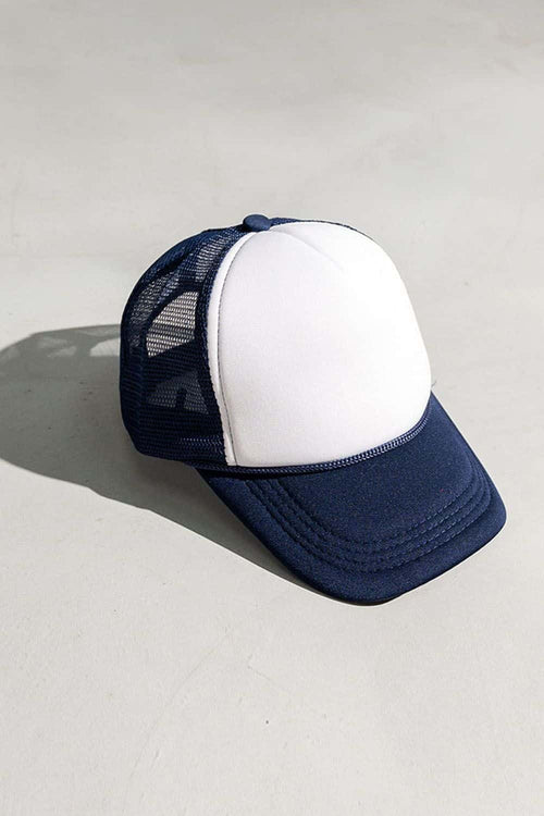 Rope-Trim Panelled Mesh Trucker Cap with Top Button in White And Dark Blue - product detail view